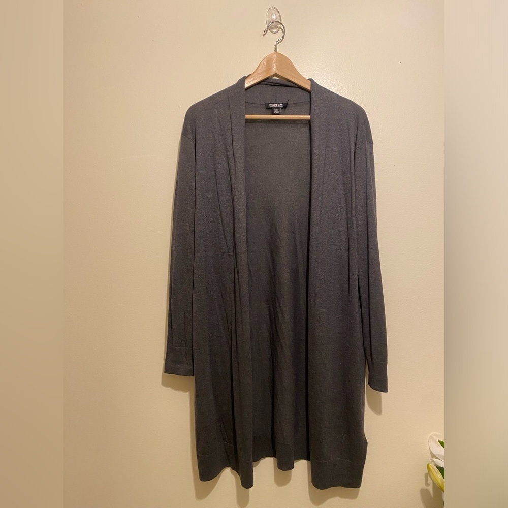DKNY Silk Cashmere Gray Open Front Cardigan. Size P/S
